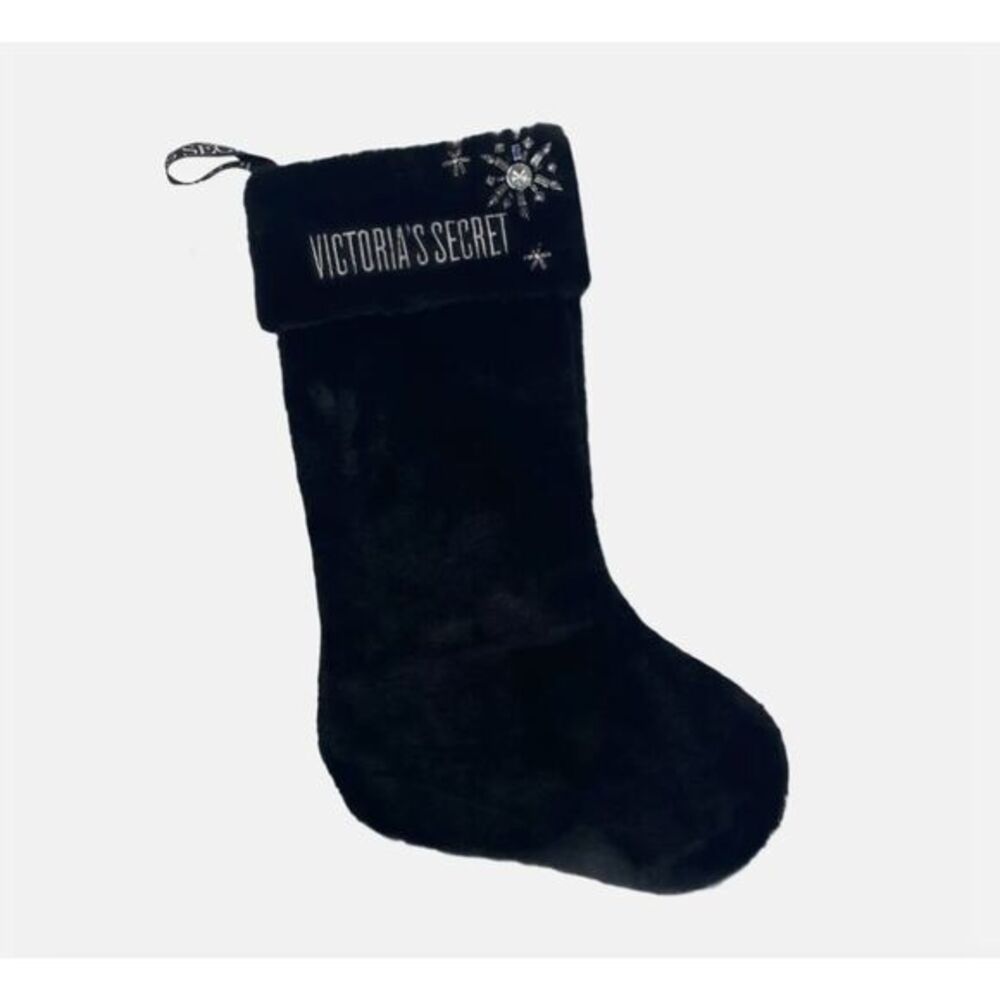 NEW Victorias Secret Stocking Black Faux Fur Rhinestone Luxe Plush Snowflake NWT